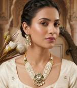 Green kundan stone & pearl beaded gold plated choker necklace set for women