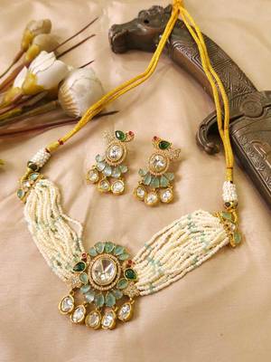 Green kundan stone & pearl beaded gold plated choker necklace set for women 2