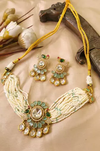 Green kundan stone & pearl beaded gold plated choker necklace set for women