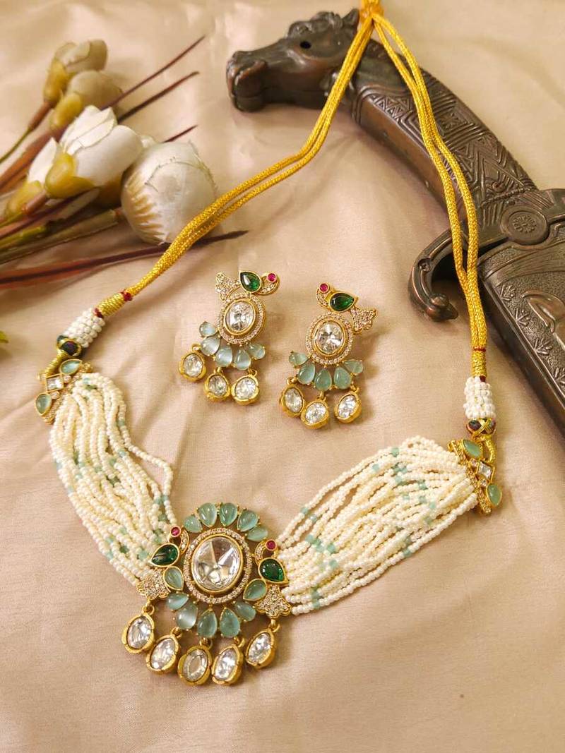 Green kundan stone & pearl beaded gold plated choker necklace set for women
