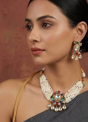 Multicolor kundan stone & pearl beaded gold plated choker necklace set for women 1