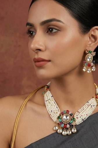 Multicolor kundan stone & pearl beaded gold plated choker necklace set for women