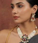 Multicolor kundan stone & pearl beaded gold plated choker necklace set for women