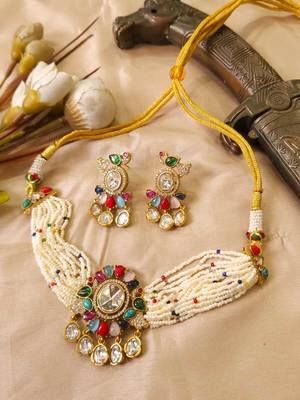 Multicolor kundan stone & pearl beaded gold plated choker necklace set for women 2