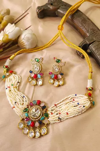 Multicolor kundan stone & pearl beaded gold plated choker necklace set for women