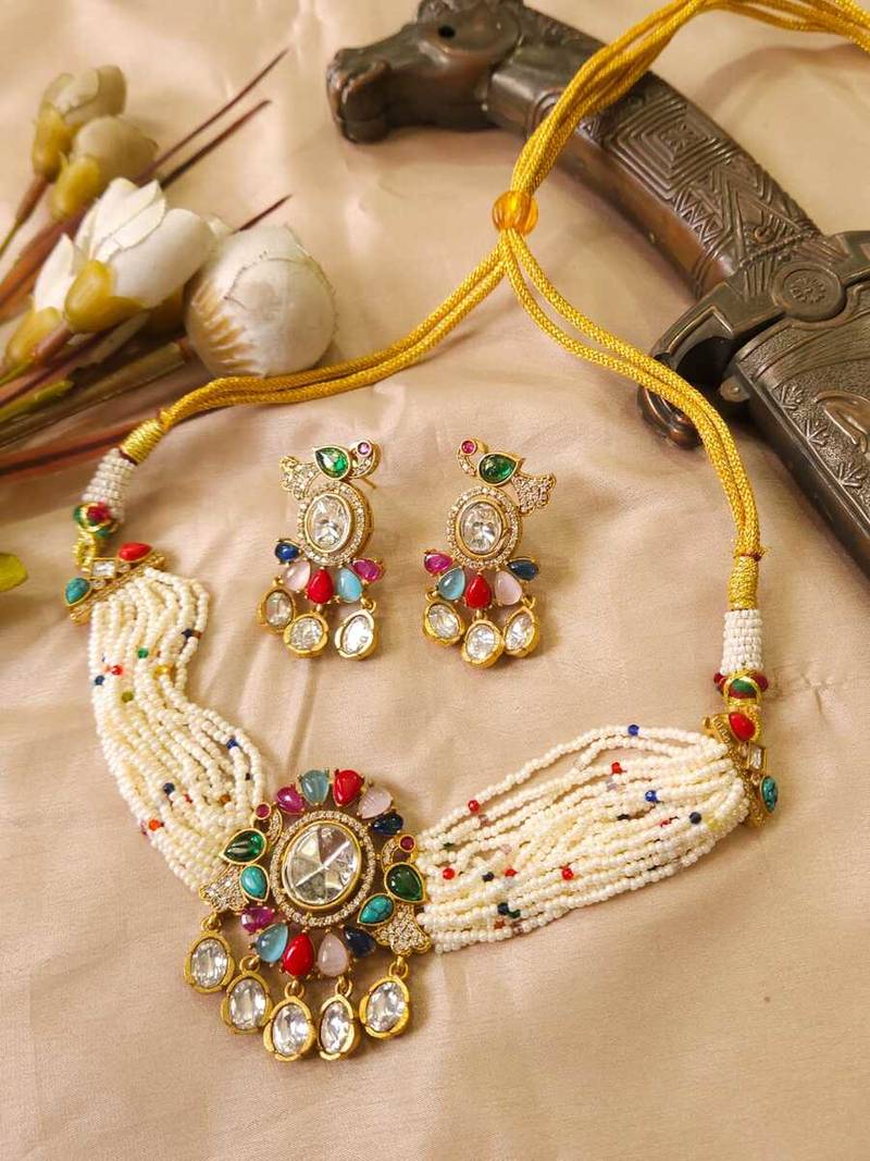 Multicolor kundan stone & pearl beaded gold plated choker necklace set for women