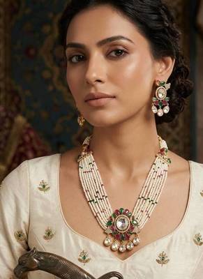 Multicolor kundan stone & pearl beaded gold plated choker necklace set for women 1