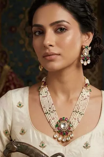 Multicolor kundan stone & pearl beaded gold plated choker necklace set for women