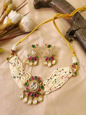 Multicolor kundan stone & pearl beaded gold plated choker necklace set for women 2