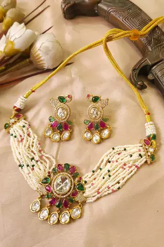 Multicolor kundan stone & pearl beaded gold plated choker necklace set for women