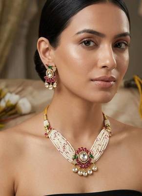 Pink kundan stone & pearl beaded gold plated choker necklace set for women 1