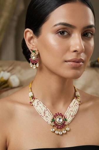 Pink kundan stone & pearl beaded gold plated choker necklace set for women
