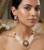 Pink kundan stone & pearl beaded gold plated choker necklace set for women