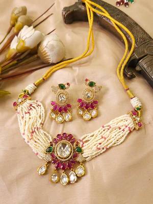 Pink kundan stone & pearl beaded gold plated choker necklace set for women 2