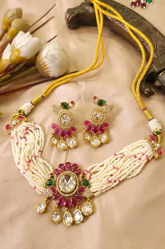 Pink kundan stone & pearl beaded gold plated choker necklace set for women