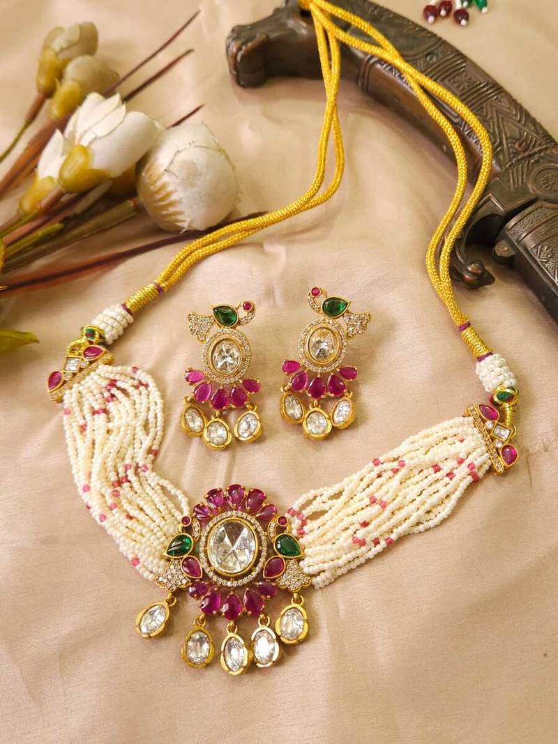 Pink kundan stone & pearl beaded gold plated choker necklace set for women