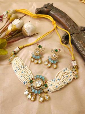 Turquoise kundan stone & pearl beaded gold plated choker necklace set for women 1
