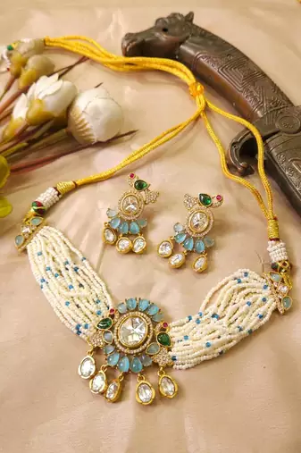 Turquoise kundan stone & pearl beaded gold plated choker necklace set for women