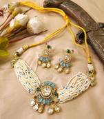 Turquoise kundan stone & pearl beaded gold plated choker necklace set for women