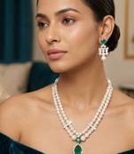 Green pearl emerald stone & cz double strand pendant necklace set for women