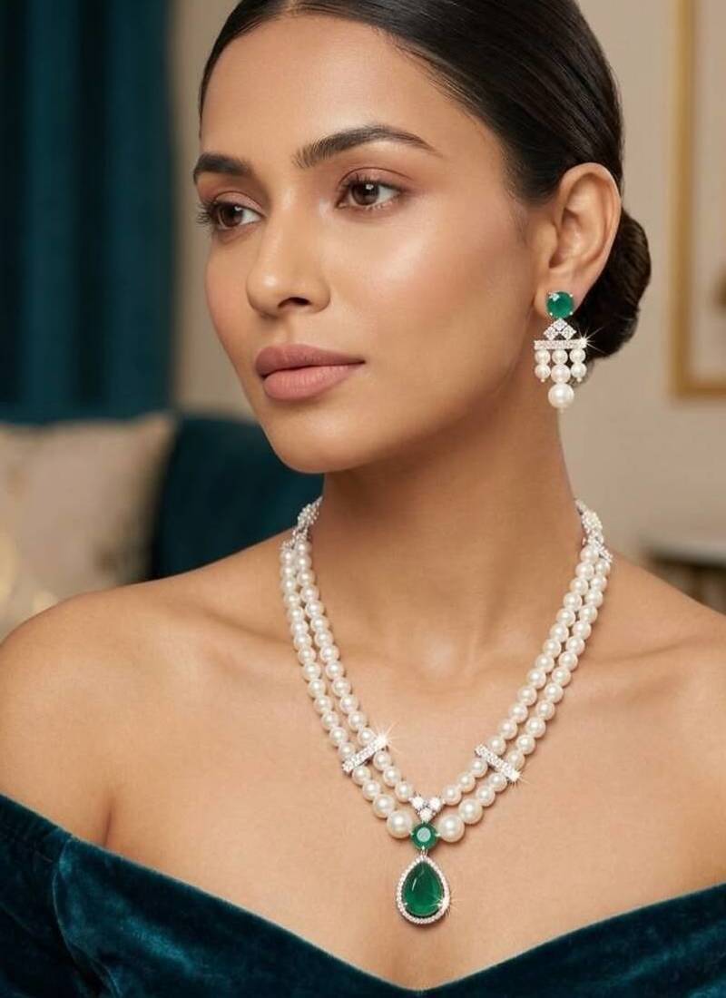 Green pearl emerald stone & cz double strand pendant necklace set for women