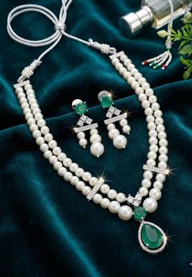 Green pearl emerald stone & cz double strand pendant necklace set for women 2