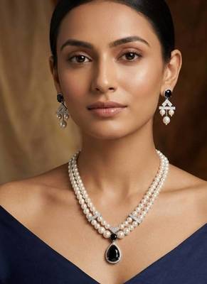 Black pearl emerald stone & cz double strand pendant necklace set for women 1