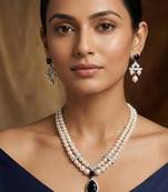 Black pearl emerald stone & cz double strand pendant necklace set for women