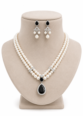 Black pearl emerald stone & cz double strand pendant necklace set for women 2