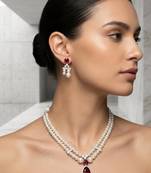 Red pearl emerald stone & cz double strand pendant necklace set for women
