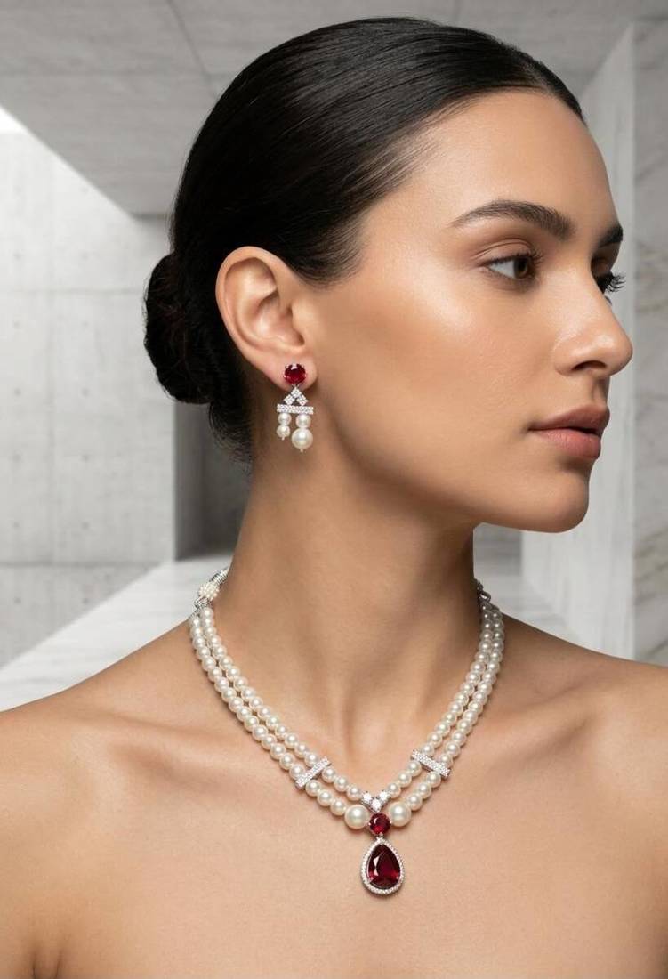 Red pearl emerald stone & cz double strand pendant necklace set for women