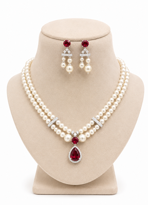 Red pearl emerald stone & cz double strand pendant necklace set for women 2