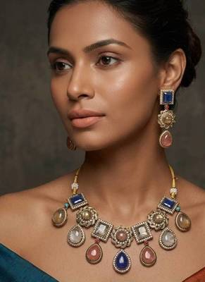 Multicolor polki kundan stone gold plated victorian necklace set for women 1