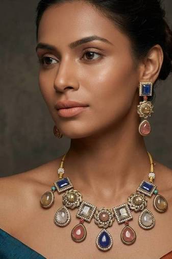 Multicolor polki kundan stone gold plated victorian necklace set for women