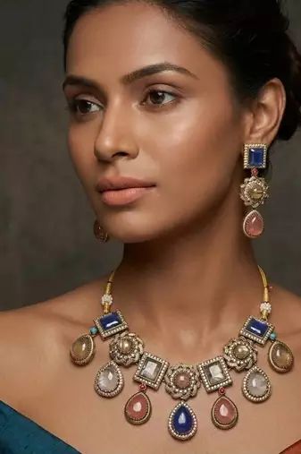 Multicolor polki kundan stone gold plated victorian necklace set for women