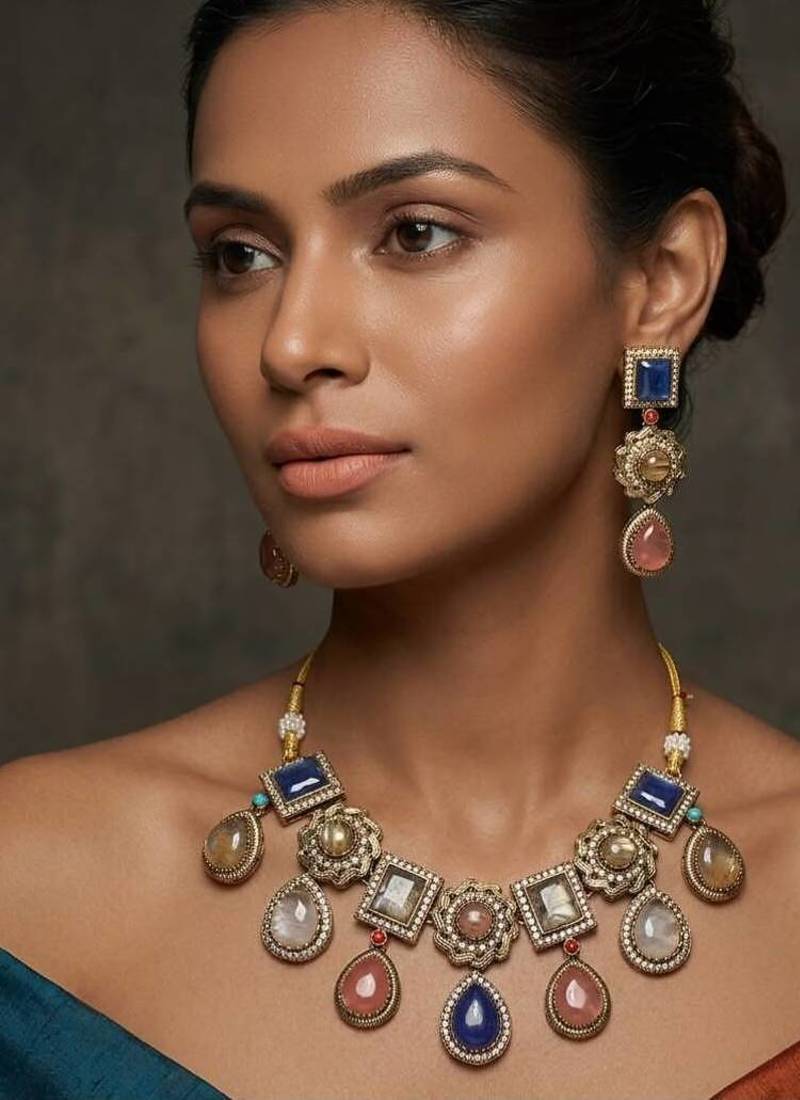 Multicolor polki kundan stone gold plated victorian necklace set for women