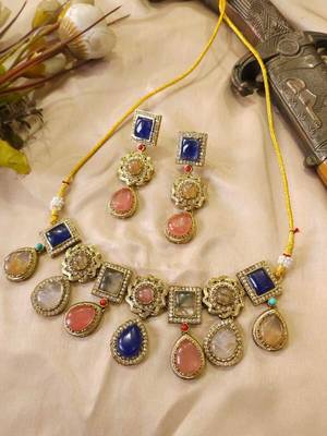 Multicolor polki kundan stone gold plated victorian necklace set for women 2