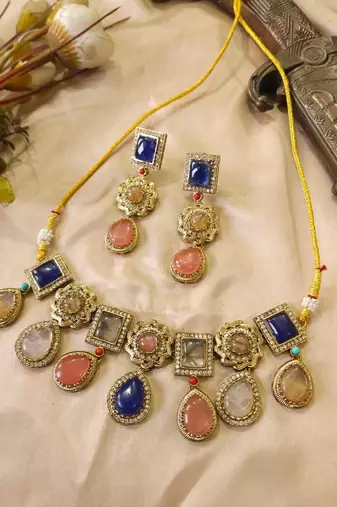 Multicolor polki kundan stone gold plated victorian necklace set for women