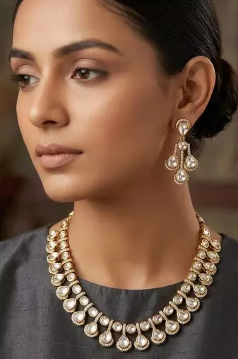 White cubic zirconia kundan gold plated necklace & earring set for women
