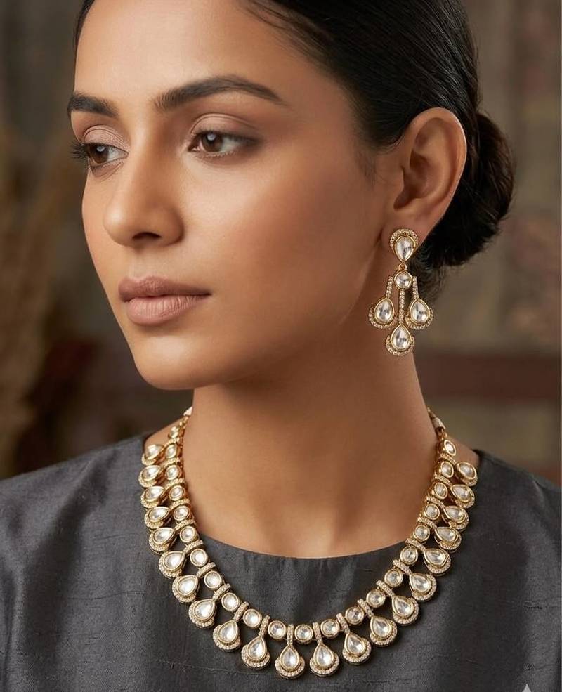 White cubic zirconia kundan gold plated necklace & earring set for women