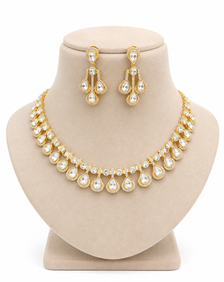 White cubic zirconia kundan gold plated necklace & earring set for women 2