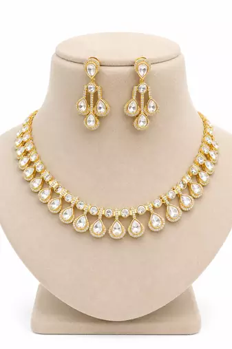 White cubic zirconia kundan gold plated necklace & earring set for women