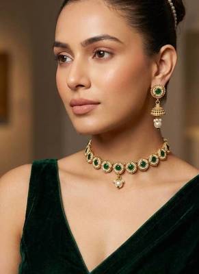Green jadau kundan stone & pearl drop gold plated choker necklace set for women 1