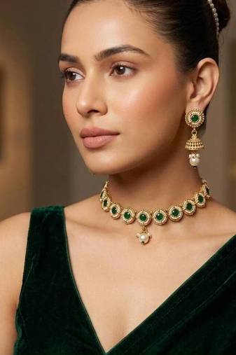 Green jadau kundan stone & pearl drop gold plated choker necklace set for women