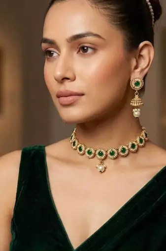 Green jadau kundan stone & pearl drop gold plated choker necklace set for women