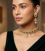 Green jadau kundan stone & pearl drop gold plated choker necklace set for women