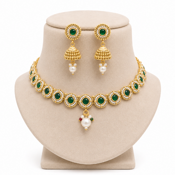 Green jadau kundan stone & pearl drop gold plated choker necklace set for women 2