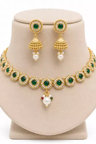 Green jadau kundan stone & pearl drop gold plated choker necklace set for women