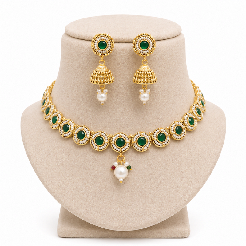 Green jadau kundan stone & pearl drop gold plated choker necklace set for women