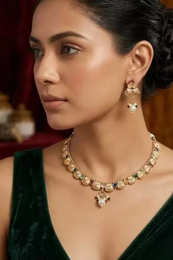 Multicolor mayuri stone & pearl tassel gold plated necklace set for women